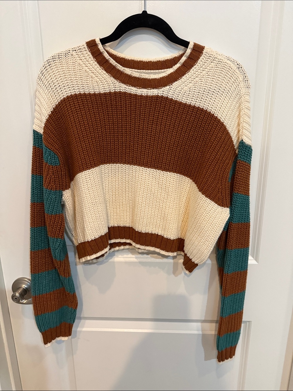 American Eagle Outfitters Cream, Brown & Teal Striped Cropped Crew Sweater
